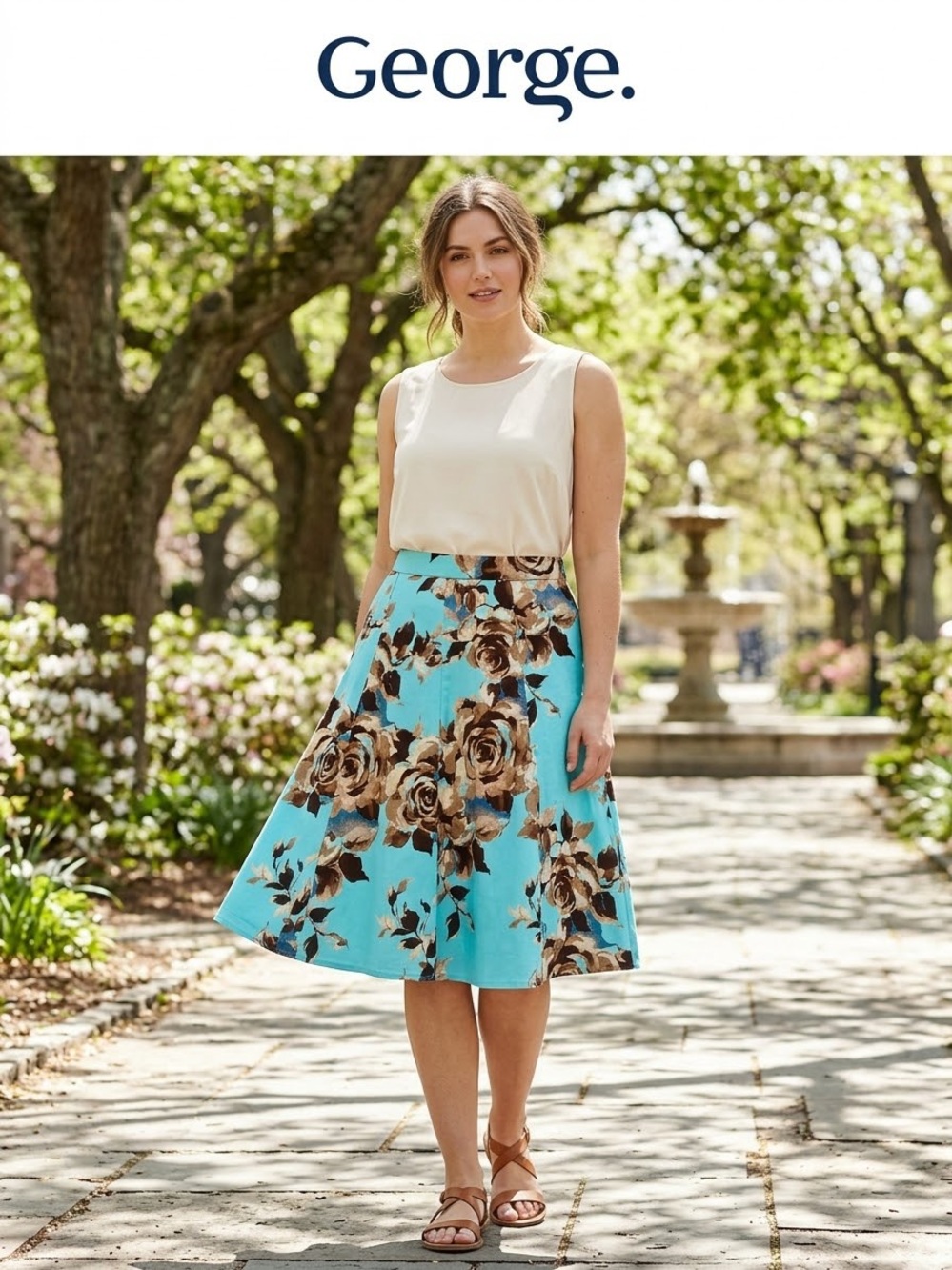 George Aqua Floral A-Line Midi Skirt